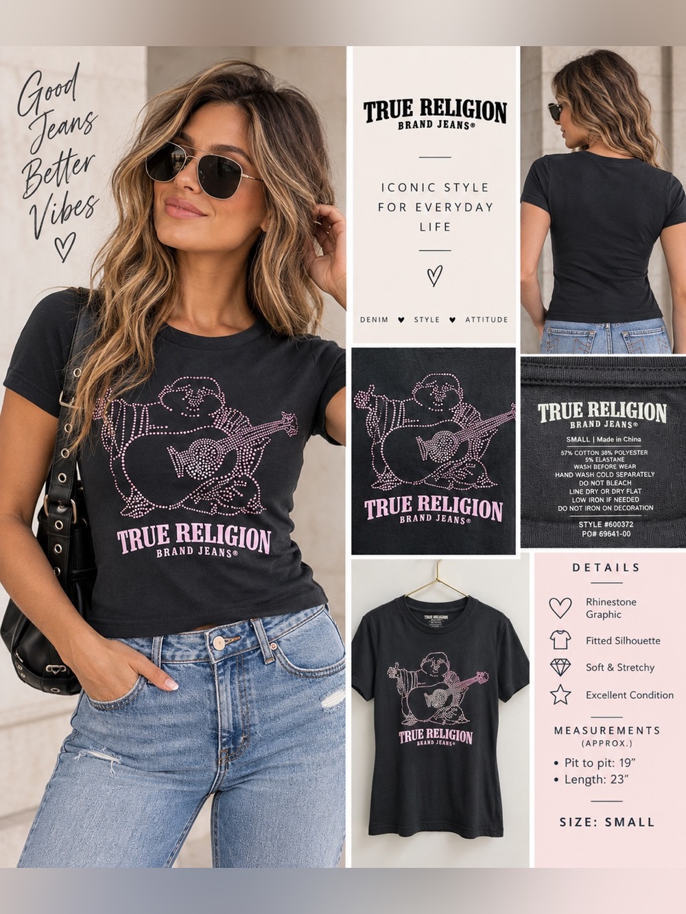 NWT True Religion Crystal Buddha Tee Women’s Small Black Pink Rhinestone Graphic
